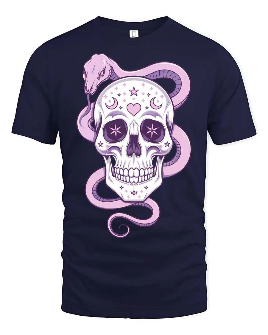 Charming Pastel Sugar Skull Floral Serpent Graphic Tee - 1 Charming Pastel Sugar Skull Floral Serpent Graphic Tee - navy t-shirt on white background