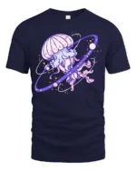 Cosmic Celestial Jellyfish Planet Ring Nebula Graphic Tee - navy t-shirt on white background