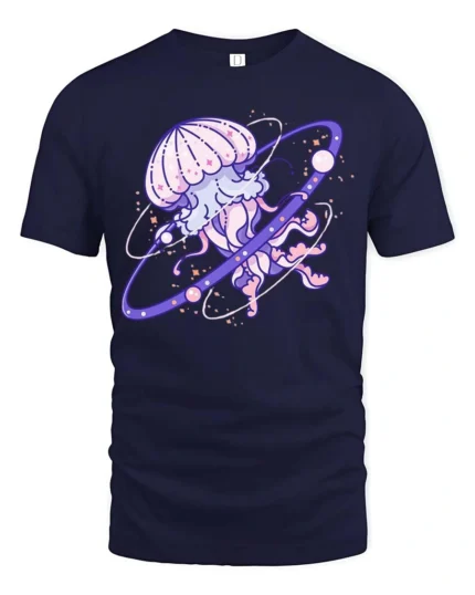 Cosmic Celestial Jellyfish Planet Ring Nebula Graphic Tee - navy t-shirt on white background