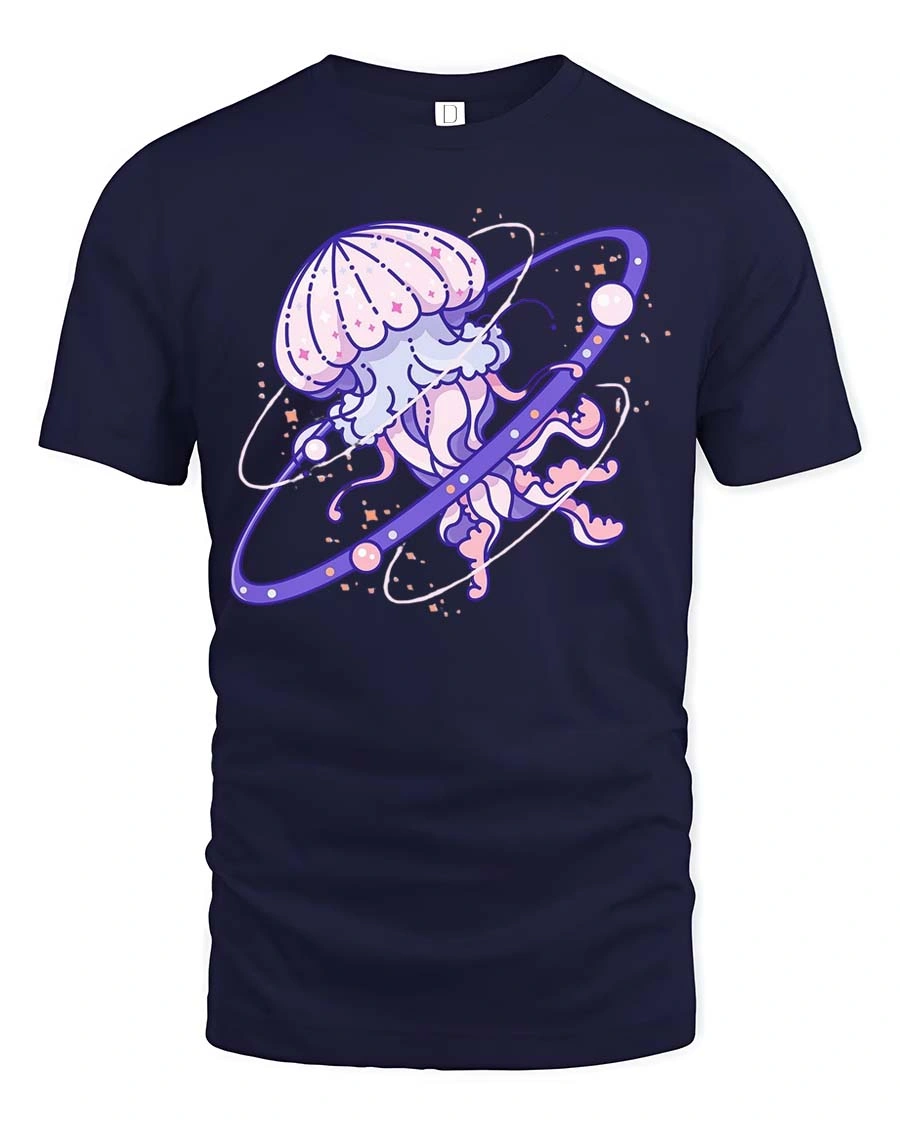 Cosmic Celestial Jellyfish Planet Ring Nebula Graphic Tee - 1 Cosmic Celestial Jellyfish Planet Ring Nebula Graphic Tee - navy t-shirt on white background