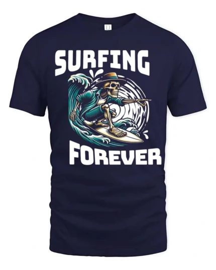 Adventurous Surfing Forever Skeleton Wave Rider Graphic Tee - navy t-shirt on white background