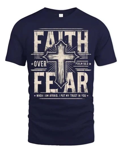 Inspiring Faith Over Fear Psalm Bible Verse Graphic Tee - navy t-shirt on white background