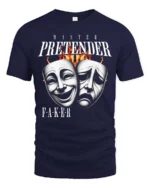 Emotional Master Pretender Tragedy Comedy Mask Graphic Tee - navy t-shirt on white background