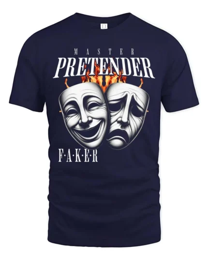 Emotional Master Pretender Tragedy Comedy Mask Graphic Tee - navy t-shirt on white background