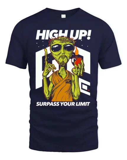 Dynamic High Up Alien Surpass Your Limit Sci Fi Graphic Tee - navy t-shirt on white background