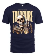 Quest For Riches Golden Skull Luxury Bling Graphic Tee - navy t-shirt on white background