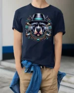 Classy Pitbull Wearing Top Hat Luxury Streetwear Tshirt - model wearing navy tee with hands in pockets