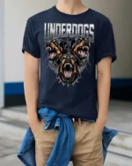 Intimidating Underdogs Snarling Rottweiler Guard Dog Soft Tshirt - model wearing navy tee with hands in pockets