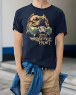 Powerful Lavlay Profit Pitbull Chomp Money Graphic Tee - model wearing navy tee with hands in pockets