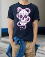 Charming Pastel Sugar Skull Floral Serpent Graphic Tee - model wearing navy tee with hands in pockets
