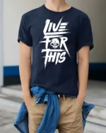Rugged Live For This Military Skull Helmet Graphic Tee - model wearing navy tee with hands in pockets
