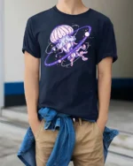 Cosmic Celestial Jellyfish Planet Ring Nebula Graphic Tee - model wearing navy tee with hands in pockets