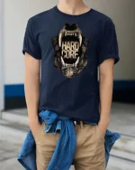 Intense Hardcore Roaring Bear Monster Jaws Graphic Tee - model wearing navy tee with hands in pockets