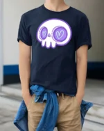 Charming Pastel Sugar Skull Heart Eyes Gothic Graphic Tee - model wearing navy tee with hands in pockets
