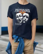 Emotional Master Pretender Tragedy Comedy Mask Graphic Tee - model wearing navy tee with hands in pockets