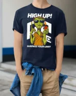 Dynamic High Up Alien Surpass Your Limit Sci Fi Graphic Tee - model wearing navy tee with hands in pockets