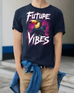 Tropical Future Vibes Toucan Bird Splash Graphic Tee - model wearing navy tee with hands in pockets
