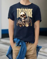 Quest For Riches Golden Skull Luxury Bling Graphic Tee - model wearing navy tee with hands in pockets