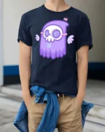 Whimsical Pastel Grim Reaper Floating Angel Wings Tshirt - model wearing navy tee with hands in pockets