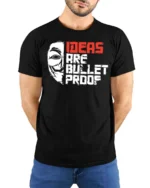 Thought Provoking Ideas Are Bullet Proof Anonymous Tshirt - model wearing black tee with hands behind back