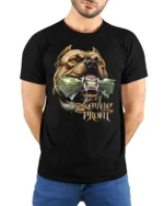 Powerful Lavlay Profit Pitbull Chomp Money Graphic Tee - model wearing black tee with hands behind back