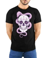 Charming Pastel Sugar Skull Floral Serpent Graphic Tee - model wearing black tee with hands behind back