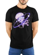 Cosmic Celestial Jellyfish Planet Ring Nebula Graphic Tee - model wearing black tee with hands behind back