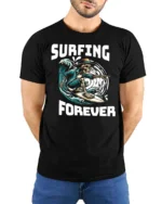 Adventurous Surfing Forever Skeleton Wave Rider Graphic Tee - model wearing black tee with hands behind back
