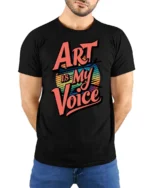 Vibrant Retro Sunset Art Is My Voice Typography Tshirt - model wearing black tee with hands behind back
