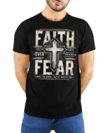 Inspiring Faith Over Fear Psalm Bible Verse Graphic Tee - model wearing black tee with hands behind back