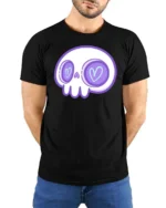 Charming Pastel Sugar Skull Heart Eyes Gothic Graphic Tee - model wearing black tee with hands behind back
