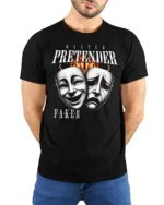 Emotional Master Pretender Tragedy Comedy Mask Graphic Tee - model wearing black tee with hands behind back