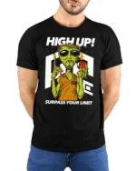 Dynamic High Up Alien Surpass Your Limit Sci Fi Graphic Tee - model wearing black tee with hands behind back