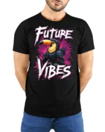 Tropical Future Vibes Toucan Bird Splash Graphic Tee - model wearing black tee with hands behind back
