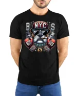 Badass New York City Bulldog Boxing Boss Graphic Tshirt - model wearing black tee with hands behind back