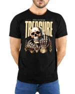 Quest For Riches Golden Skull Luxury Bling Graphic Tee - model wearing black tee with hands behind back