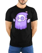 Whimsical Pastel Grim Reaper Floating Angel Wings Tshirt - model wearing black tee with hands behind back