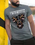 Intimidating Underdogs Snarling Rottweiler Guard Dog Soft Tshirt - model wearing grey tee, leaning on column