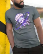 Cosmic Celestial Jellyfish Planet Ring Nebula Graphic Tee - model wearing grey tee, leaning on column