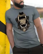 Intense Hardcore Roaring Bear Monster Jaws Graphic Tee - model wearing grey tee, leaning on column