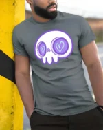 Charming Pastel Sugar Skull Heart Eyes Gothic Graphic Tee - model wearing grey tee, leaning on column