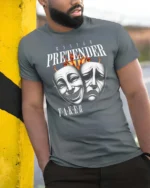 Emotional Master Pretender Tragedy Comedy Mask Graphic Tee - model wearing grey tee, leaning on column