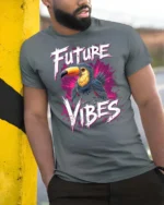 Tropical Future Vibes Toucan Bird Splash Graphic Tee - model wearing grey tee, leaning on column