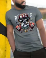 Badass New York City Bulldog Boxing Boss Graphic Tshirt - model wearing grey tee, leaning on column