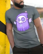 Whimsical Pastel Grim Reaper Floating Angel Wings Tshirt - model wearing grey tee, leaning on column