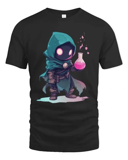 Enchanting Miniature Alchemist Hooded Rogue Magic Graphic Tee - black t-shirt on white background