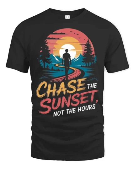 Inspiring Chase The Sunset Outdoor Nature Graphic Tee - black t-shirt on white background