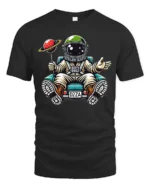 Charming Astronaut Sitting On Car Planet Balloon Tshirt - black t-shirt on white background