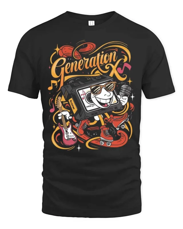 Groovy Generation X Cassette Tape Roller Skate Tshirt - black t-shirt on white background