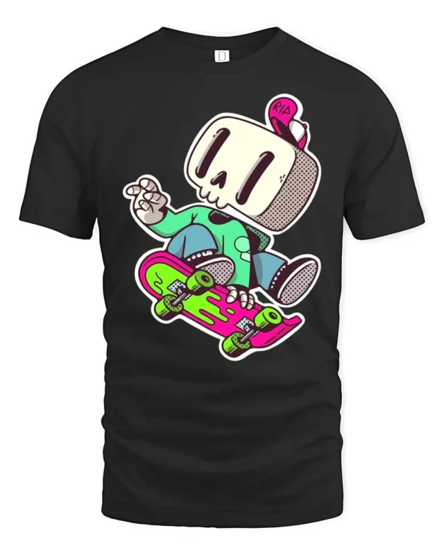 Funky Skater Skeleton Lime Green Jacket Graphic Tee - black t-shirt on white background